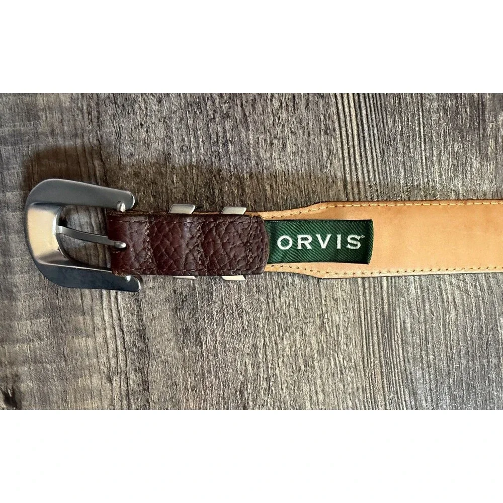 Orvis Full Grain American Bison Leather Belt Brown Size 44 USA Western Heritage